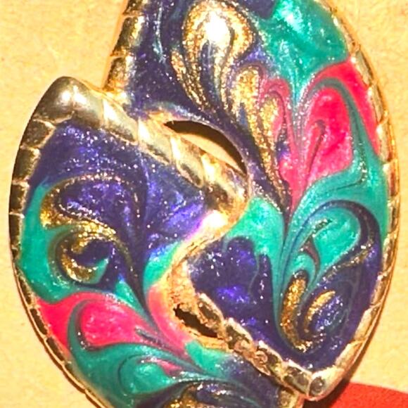 Vintage Colorful Statement Earrings 1980s Swirling Shimmering Enamel, Gold - Picture 7 of 8